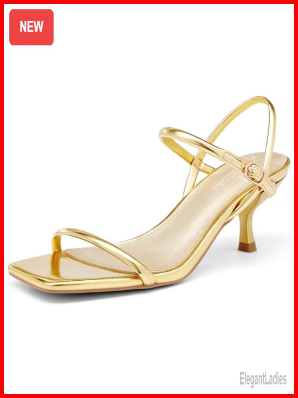Womens Strappy Kitten Heel Sandals Open Square Toe Buckle Ankle Strap Faux